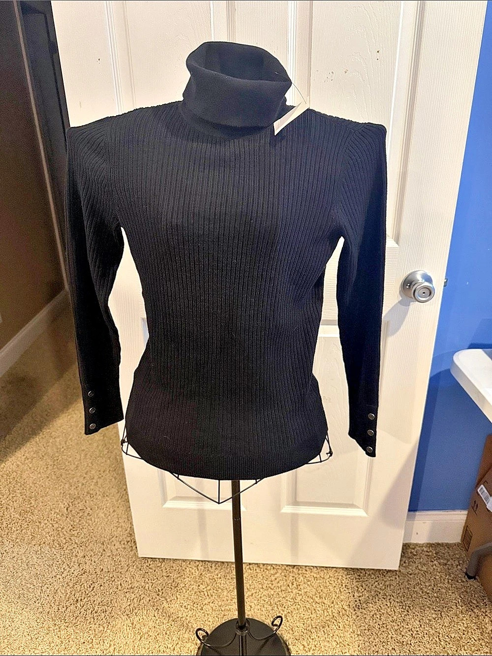 Talbots Ribbed Turtleneck Sweater with Button Cuffs in Black Small NWT NEW